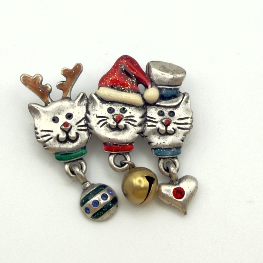 AJMC Christmas Cat Brooch Dangle Charms Santa Reindeer Snowman Pin Bell
